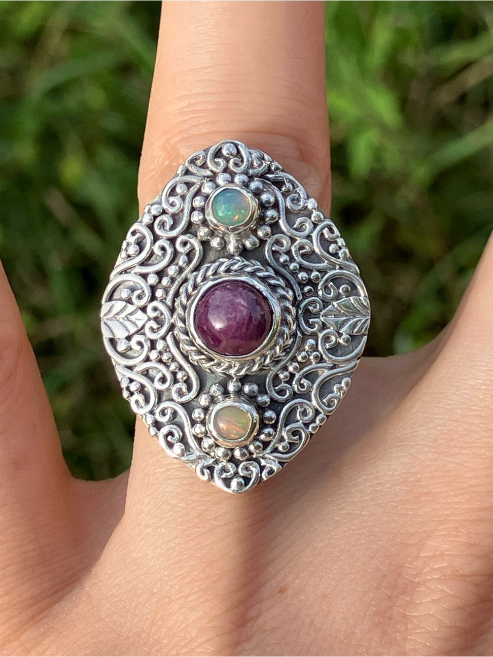 Natural Star Ruby Ethiopian Welo Opal Sterling Silver Ring Size 7